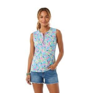 Alvin's Island Pink Top Tank Sleeveless Blue and Green Pineapple Print Medium